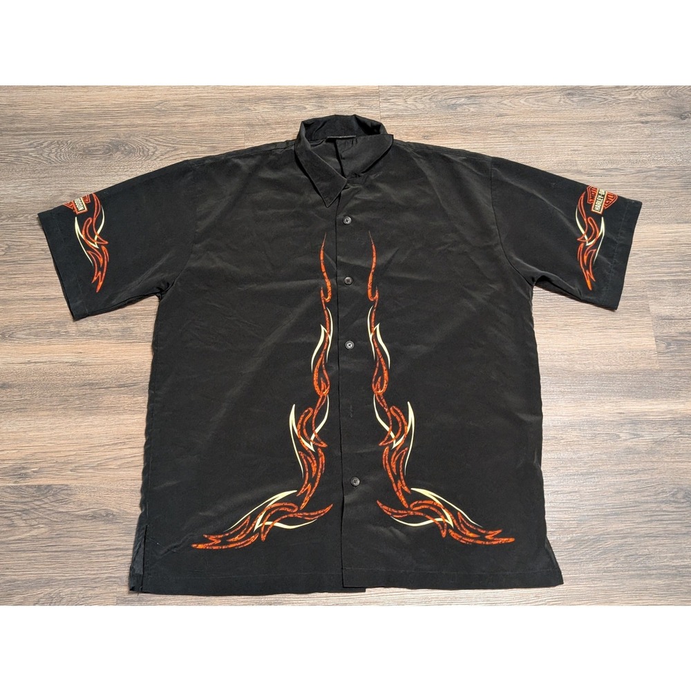 Harley Davidson Mens Black Flame Eagle Graphic Button Down Camp Shirt Large L